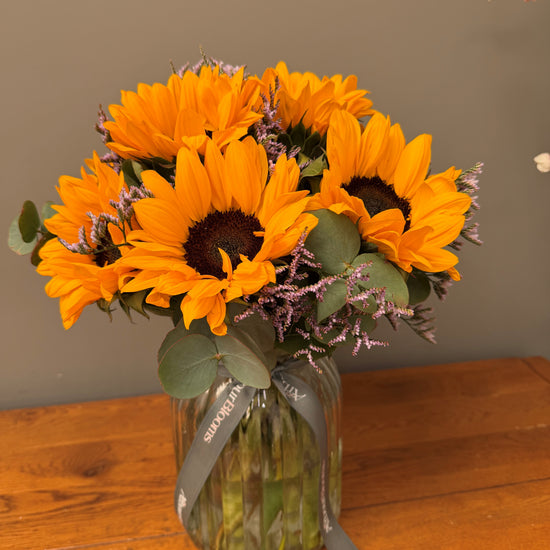 Summer Sunshine Vase — sunflower bouquet with eucalyptus and limonium by Arbour Blooms, Dublin florist