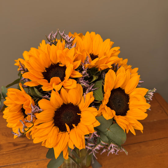 Summer Sunshine Vase — sunflower bouquet with eucalyptus and limonium by Arbour Blooms, Dublin florist